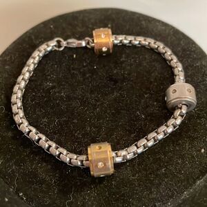 Stainless steel double box chain bracelet w/3- tricolor rings w/crystal accents